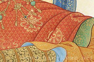 グリーン・ターラの衣に金泥で描かれる八吉祥文様