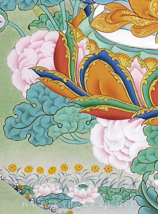 縁を金泥で飾った蓮台の花弁と背景の草花